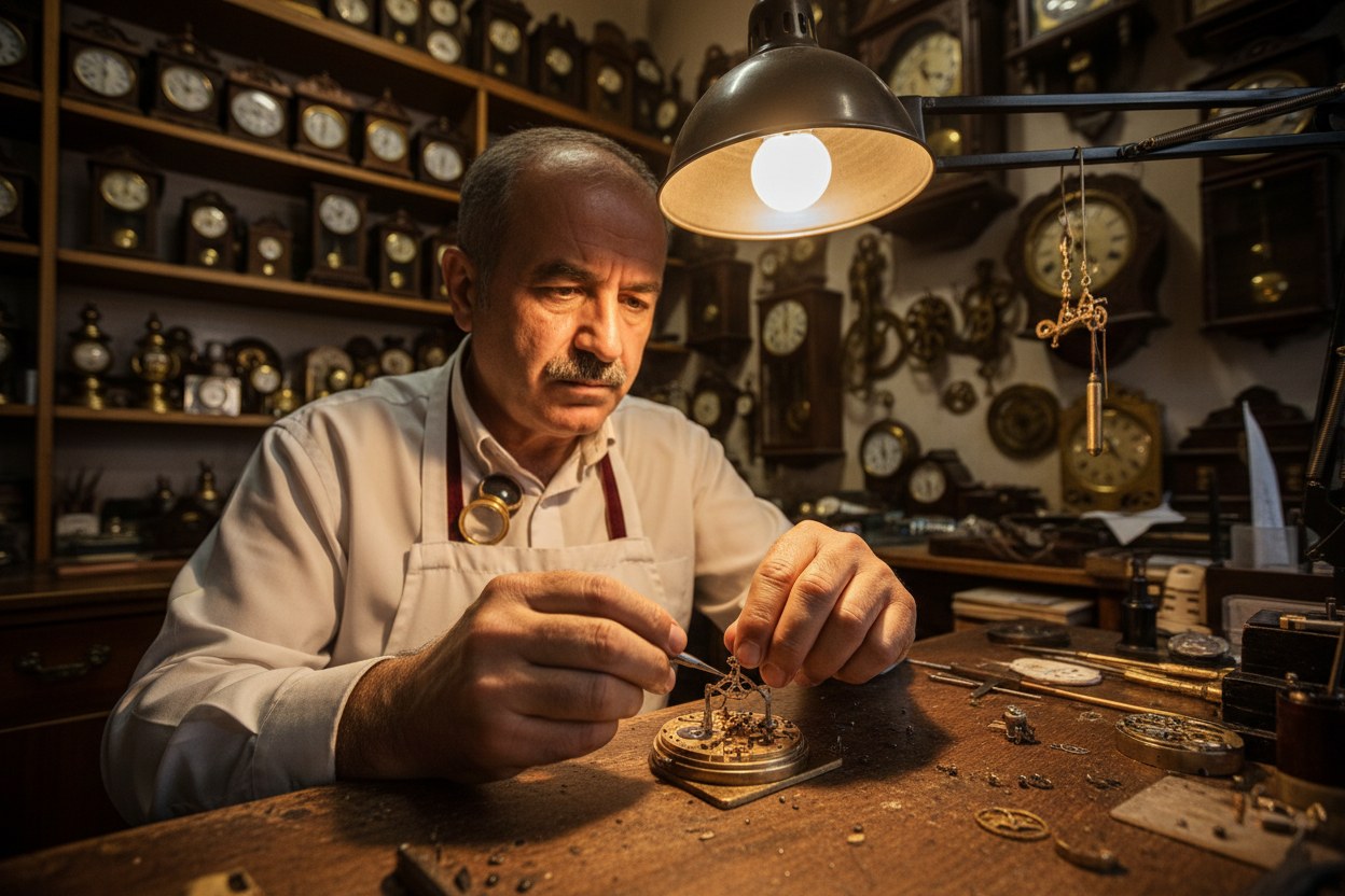 Kemal Soydan, atölyede İsviçre mekanizması üzerinde çalışırken