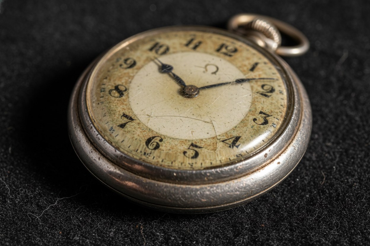 1940 Omega cep saati — restorasyon öncesi, kadran çatlamış